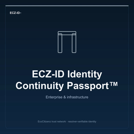 ECZ-ID product image for “ECZ-ID Identity Continuity Passport™” (SKU ECZ-CHILD-IDENTITY-CONTINUITY). Enterprise & infrastructure. Shows the ECZ-ID wordmark and an abstract enterprise corridor family symbol on a dark EcoCitizenz background.