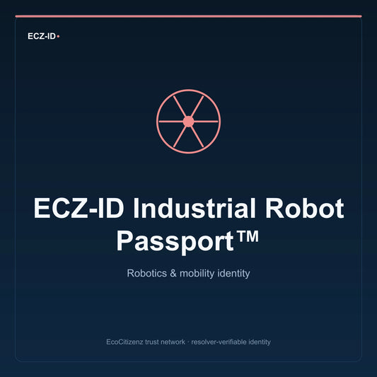 ECZ-ID product image for “ECZ-ID Industrial Robot Passport™” (SKU ECZ-CHILD-INDUSTRIAL-ROBOT). Robotics & mobility identity. Shows the ECZ-ID wordmark and an abstract robotics mobility family symbol on a dark EcoCitizenz background.