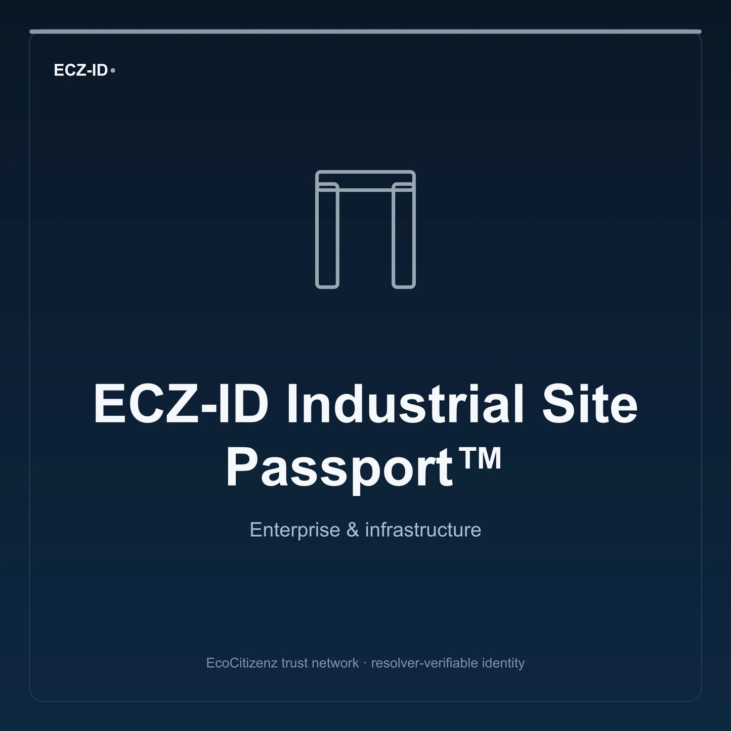 ECZ-ID product image for “ECZ-ID Industrial Site Passport™” (SKU ECZ-CHILD-INDUSTRIAL-SITE). Enterprise & infrastructure. Shows the ECZ-ID wordmark and an abstract enterprise corridor family symbol on a dark EcoCitizenz background.