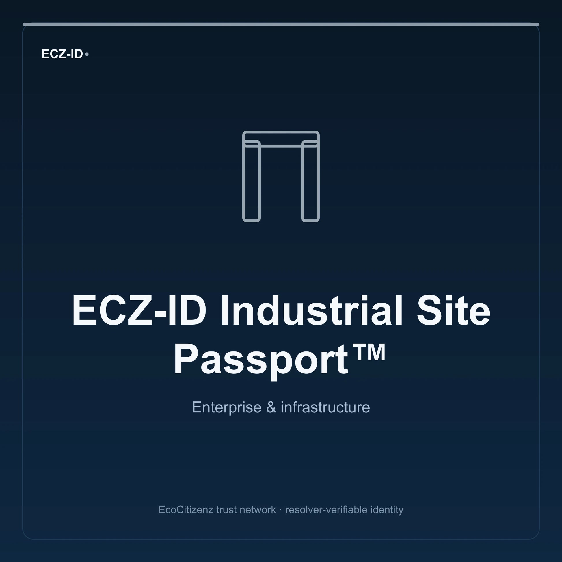 ECZ-ID product image for “ECZ-ID Industrial Site Passport™” (SKU ECZ-CHILD-INDUSTRIAL-SITE). Enterprise & infrastructure. Shows the ECZ-ID wordmark and an abstract enterprise corridor family symbol on a dark EcoCitizenz background.