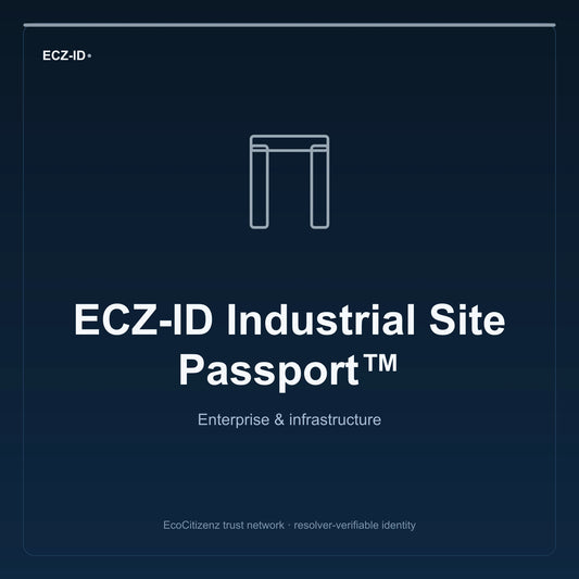 ECZ-ID product image for “ECZ-ID Industrial Site Passport™” (SKU ECZ-CHILD-INDUSTRIAL-SITE). Enterprise & infrastructure. Shows the ECZ-ID wordmark and an abstract enterprise corridor family symbol on a dark EcoCitizenz background.