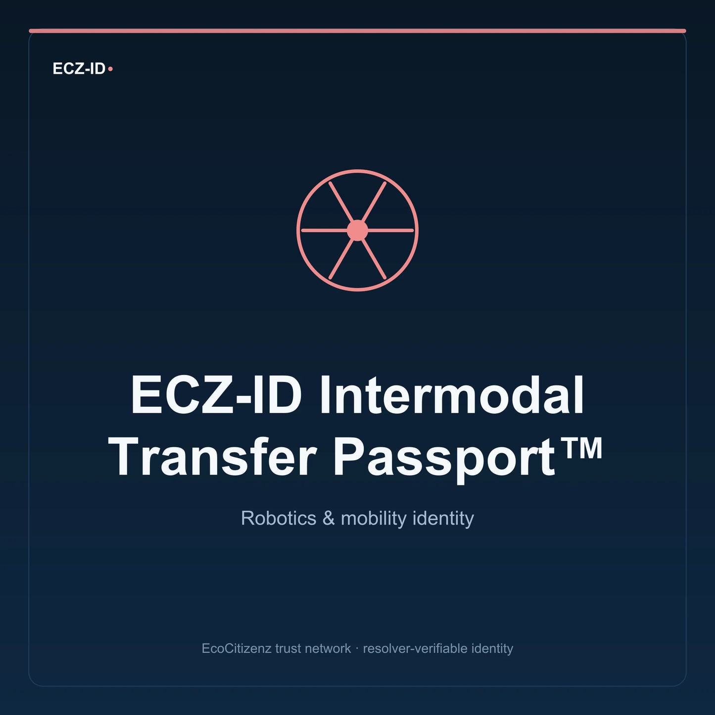 ECZ-ID product image for “ECZ-ID Intermodal Transfer Passport™” (SKU ECZ-CHILD-INTERMODAL-TRANSFER). Robotics & mobility identity. Shows the ECZ-ID wordmark and an abstract robotics mobility family symbol on a dark EcoCitizenz background.