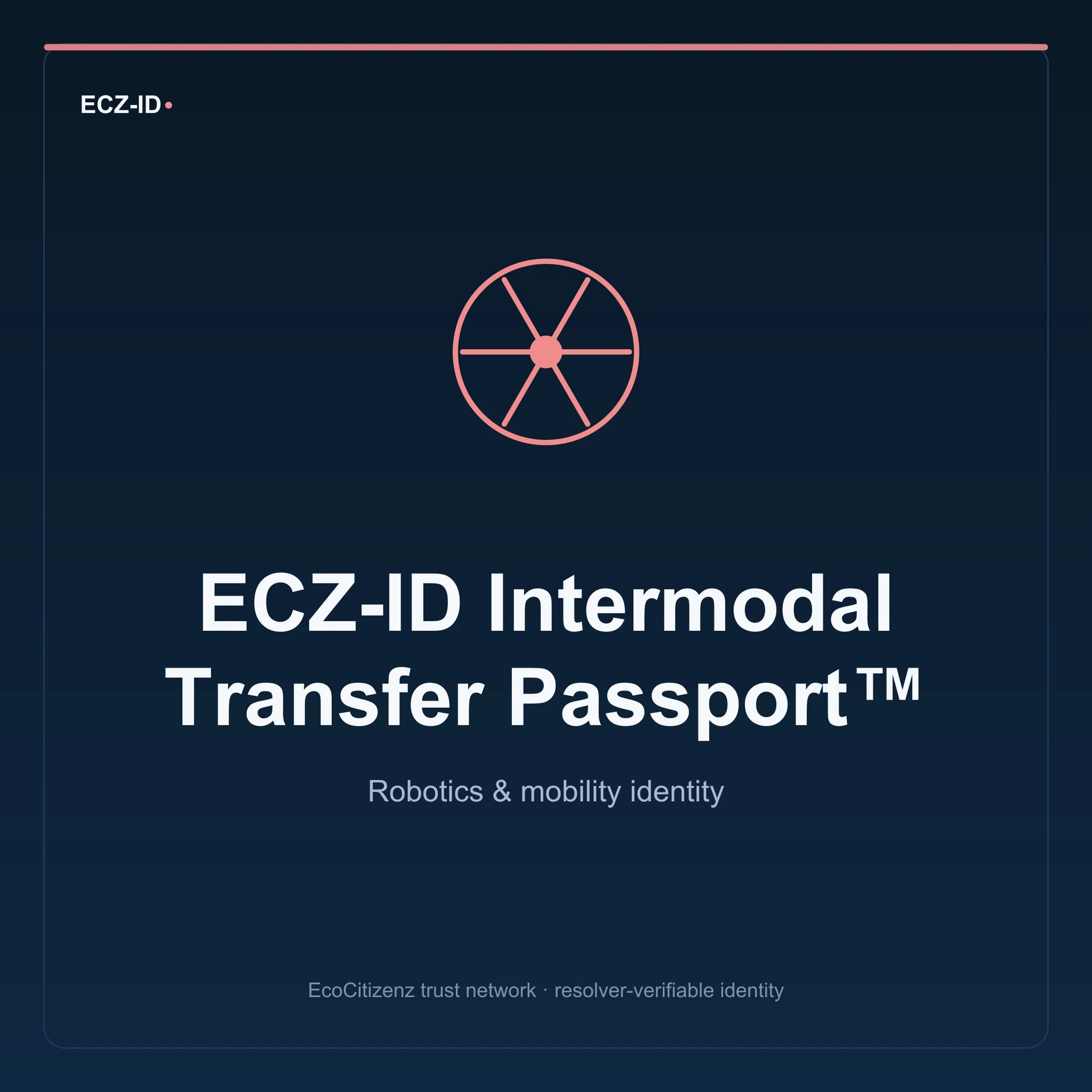 ECZ-ID product image for “ECZ-ID Intermodal Transfer Passport™” (SKU ECZ-CHILD-INTERMODAL-TRANSFER). Robotics & mobility identity. Shows the ECZ-ID wordmark and an abstract robotics mobility family symbol on a dark EcoCitizenz background.