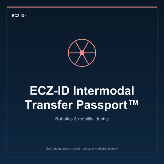 ECZ-ID product image for “ECZ-ID Intermodal Transfer Passport™” (SKU ECZ-CHILD-INTERMODAL-TRANSFER). Robotics & mobility identity. Shows the ECZ-ID wordmark and an abstract robotics mobility family symbol on a dark EcoCitizenz background.