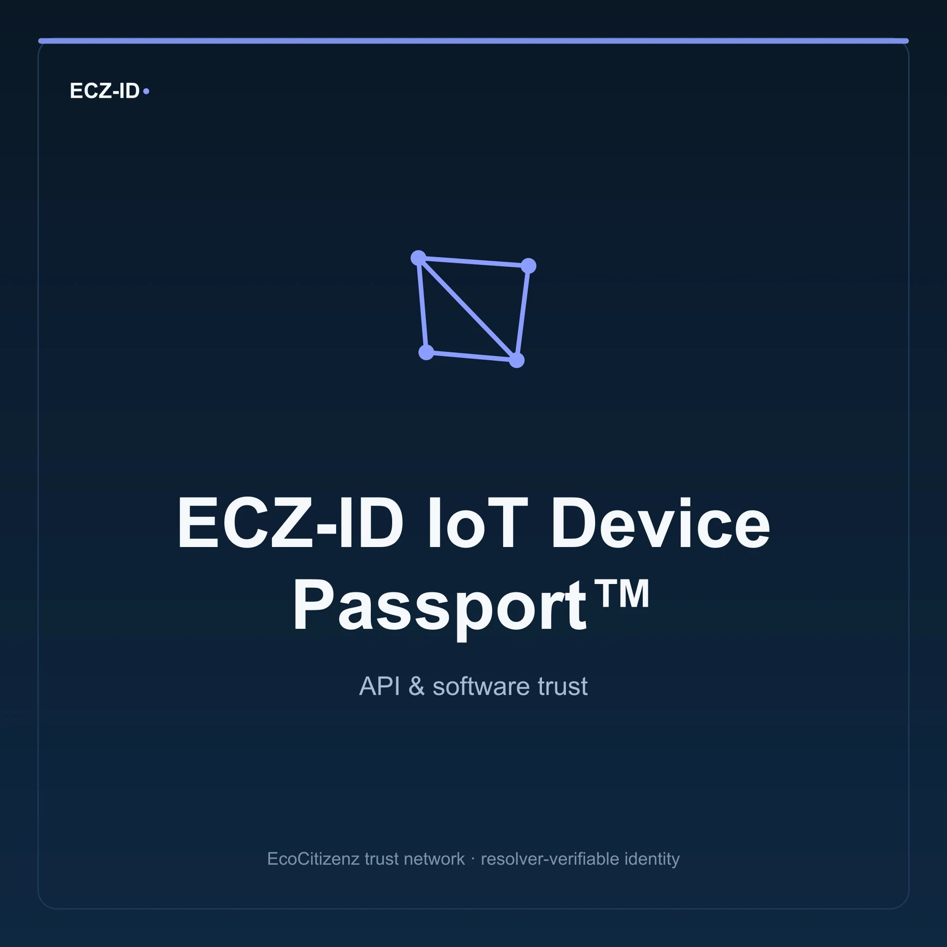 ECZ-ID product image for “ECZ-ID IoT Device Passport™” (SKU ECZ-CHILD-IOT-DEVICE). API & software trust. Shows the ECZ-ID wordmark and an abstract api software family symbol on a dark EcoCitizenz background.