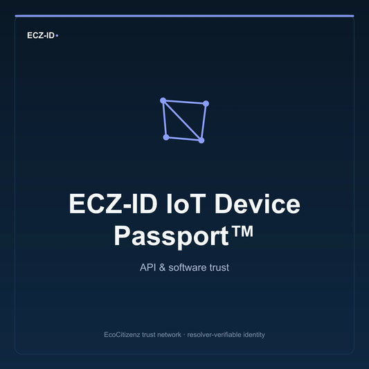 ECZ-ID product image for “ECZ-ID IoT Device Passport™” (SKU ECZ-CHILD-IOT-DEVICE). API & software trust. Shows the ECZ-ID wordmark and an abstract api software family symbol on a dark EcoCitizenz background.