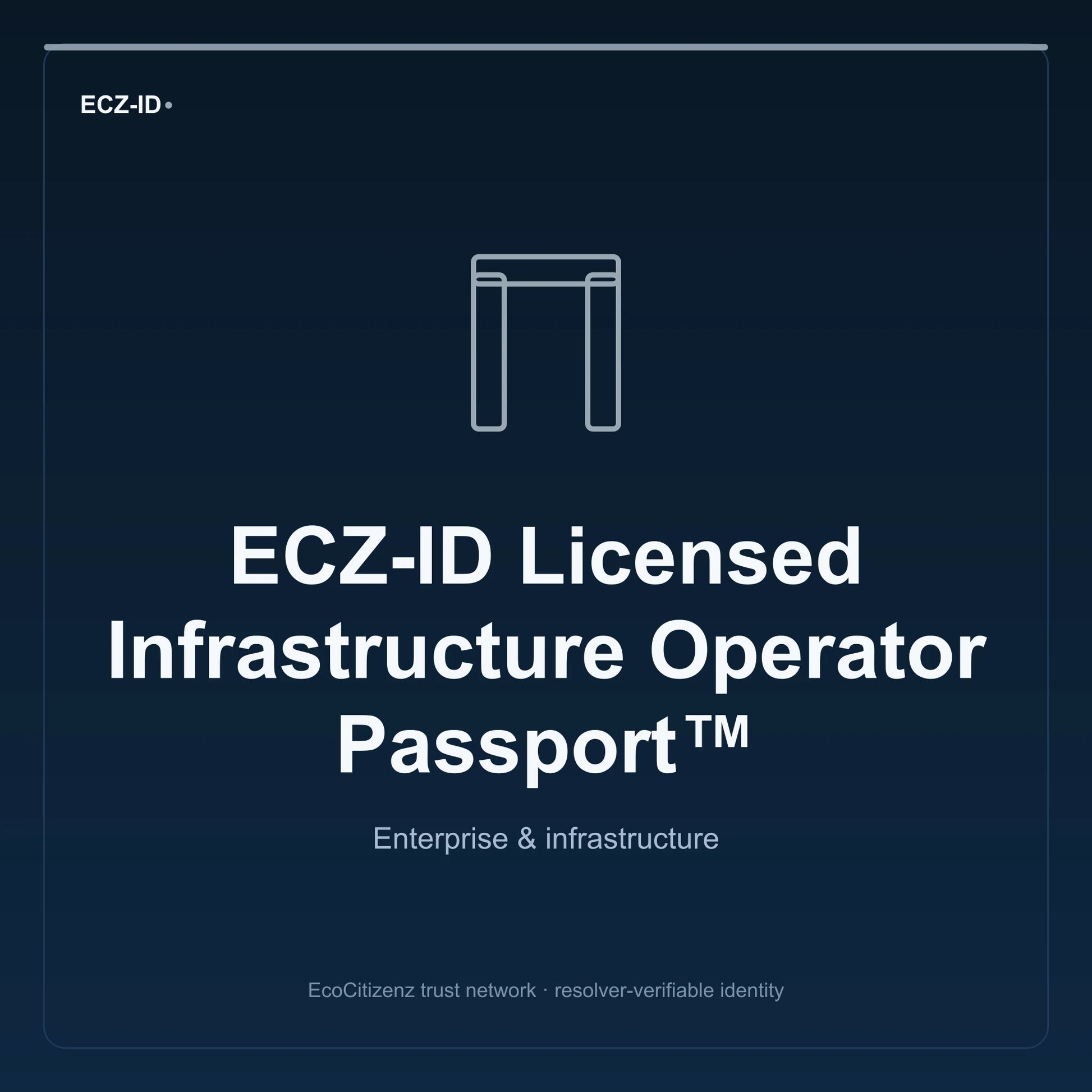 ECZ-ID product image for “ECZ-ID Licensed Infrastructure Operator Passport™” (SKU ECZ-CHILD-LICENSED-INFRA-OPERATOR). Enterprise & infrastructure. Shows the ECZ-ID wordmark and an abstract enterprise corridor family symbol on a dark EcoCitizenz background.
