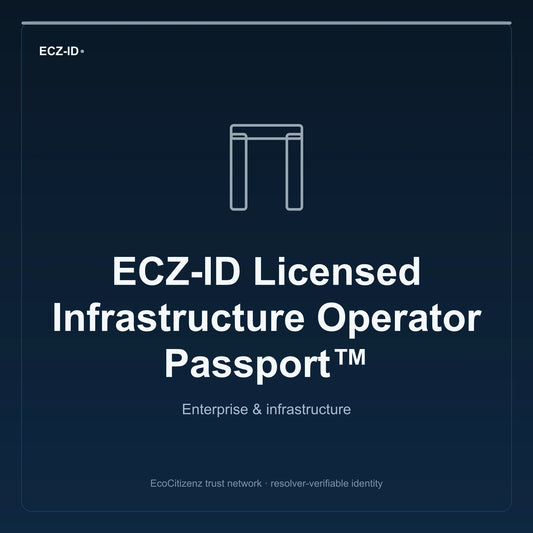 ECZ-ID product image for “ECZ-ID Licensed Infrastructure Operator Passport™” (SKU ECZ-CHILD-LICENSED-INFRA-OPERATOR). Enterprise & infrastructure. Shows the ECZ-ID wordmark and an abstract enterprise corridor family symbol on a dark EcoCitizenz background.