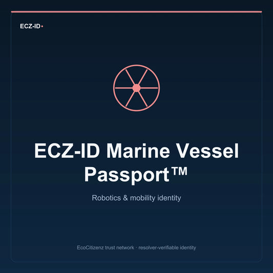 ECZ-ID product image for “ECZ-ID Marine Vessel Passport™” (SKU ECZ-CHILD-MARINE-VESSEL). Robotics & mobility identity. Shows the ECZ-ID wordmark and an abstract robotics mobility family symbol on a dark EcoCitizenz background.