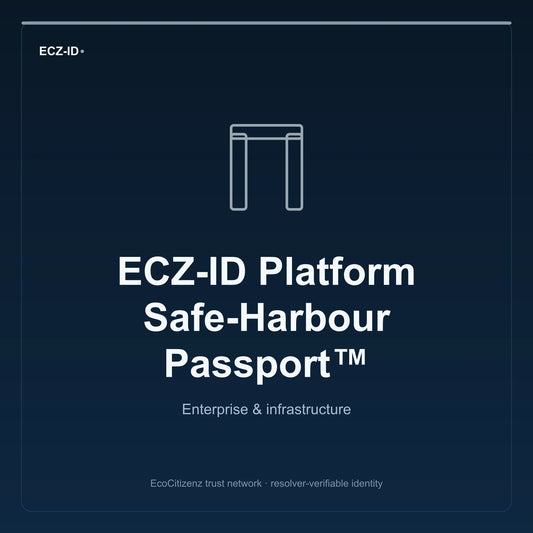 ECZ-ID product image for “ECZ-ID Platform Safe-Harbour Passport™” (SKU ECZ-CHILD-PLATFORM-SAFE-HARBOUR). Enterprise & infrastructure. Shows the ECZ-ID wordmark and an abstract enterprise corridor family symbol on a dark EcoCitizenz background.