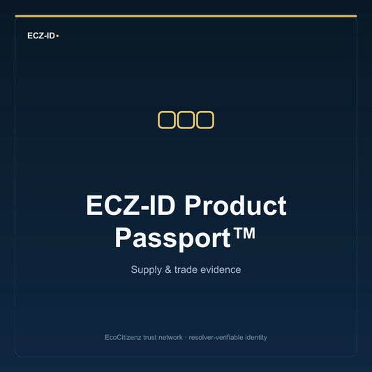 ECZ-ID product image for “ECZ-ID Product Passport™” (SKU ECZ-CHILD-PRODUCT-PASSPORT). Supply & trade evidence. Shows the ECZ-ID wordmark and an abstract supply evidence family symbol on a dark EcoCitizenz background.