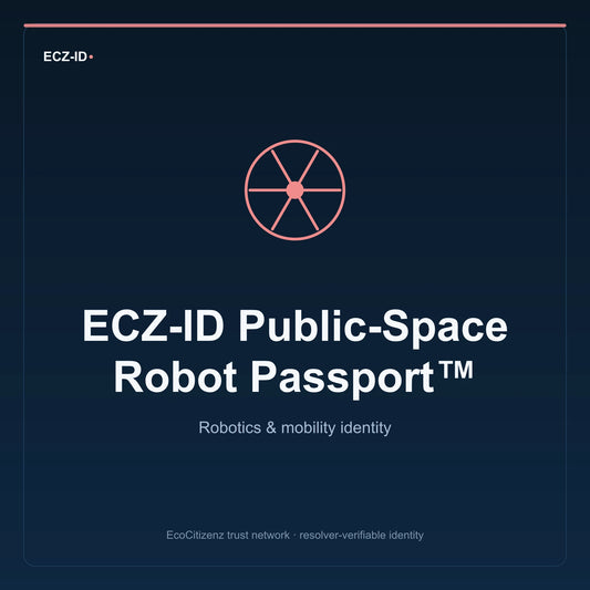 ECZ-ID product image for “ECZ-ID Public-Space Robot Passport™” (SKU ECZ-CHILD-PUBLIC-SPACE-ROBOT). Robotics & mobility identity. Shows the ECZ-ID wordmark and an abstract robotics mobility family symbol on a dark EcoCitizenz background.