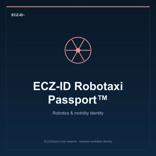 ECZ-ID product image for “ECZ-ID Robotaxi Passport™” (SKU ECZ-CHILD-ROBOTAXI). Robotics & mobility identity. Shows the ECZ-ID wordmark and an abstract robotics mobility family symbol on a dark EcoCitizenz background.