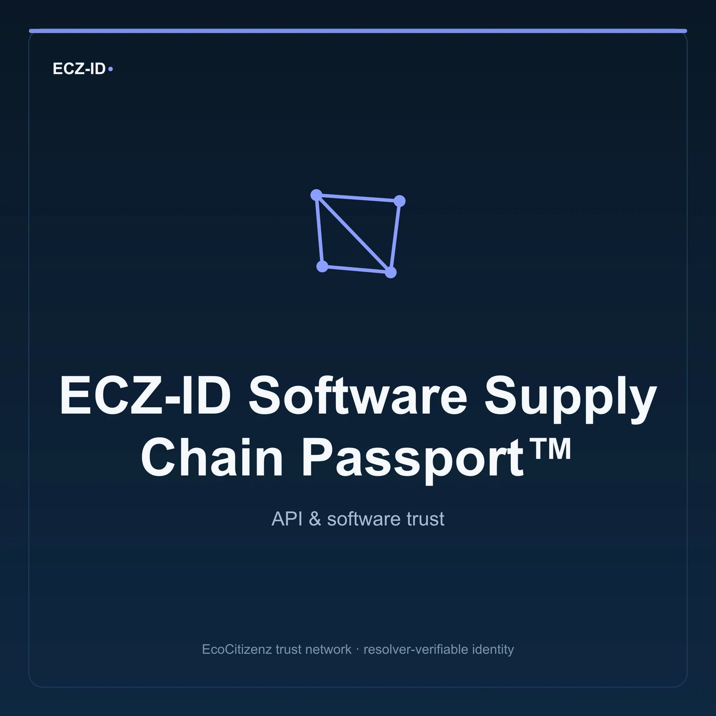ECZ-ID product image for “ECZ-ID Software Supply Chain Passport™” (SKU ECZ-CHILD-SOFTWARE-SUPPLY-CHAIN). API & software trust. Shows the ECZ-ID wordmark and an abstract api software family symbol on a dark EcoCitizenz background.