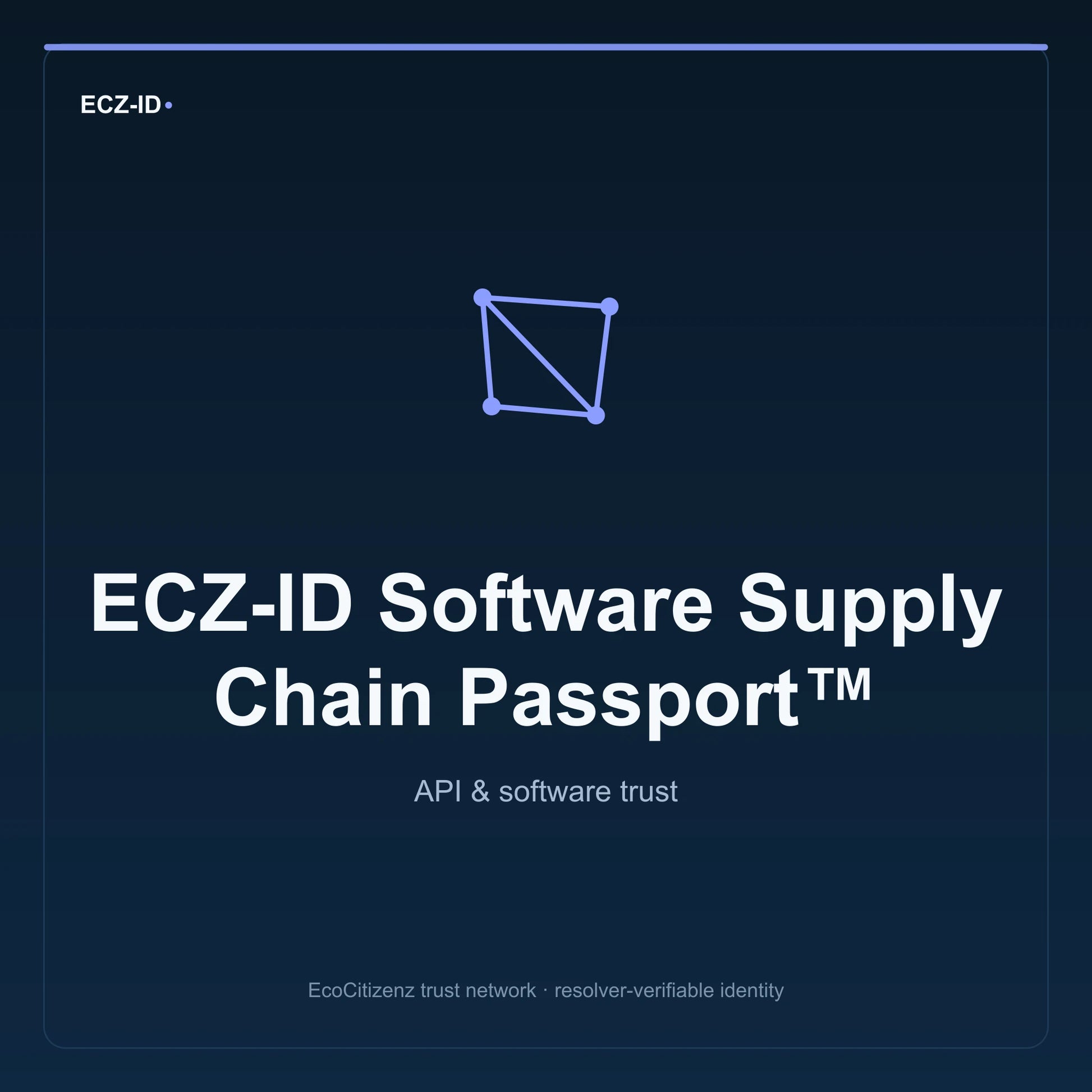 ECZ-ID product image for “ECZ-ID Software Supply Chain Passport™” (SKU ECZ-CHILD-SOFTWARE-SUPPLY-CHAIN). API & software trust. Shows the ECZ-ID wordmark and an abstract api software family symbol on a dark EcoCitizenz background.