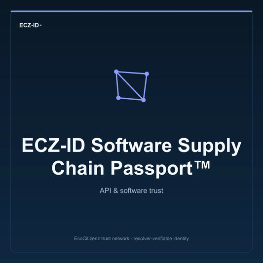 ECZ-ID product image for “ECZ-ID Software Supply Chain Passport™” (SKU ECZ-CHILD-SOFTWARE-SUPPLY-CHAIN). API & software trust. Shows the ECZ-ID wordmark and an abstract api software family symbol on a dark EcoCitizenz background.