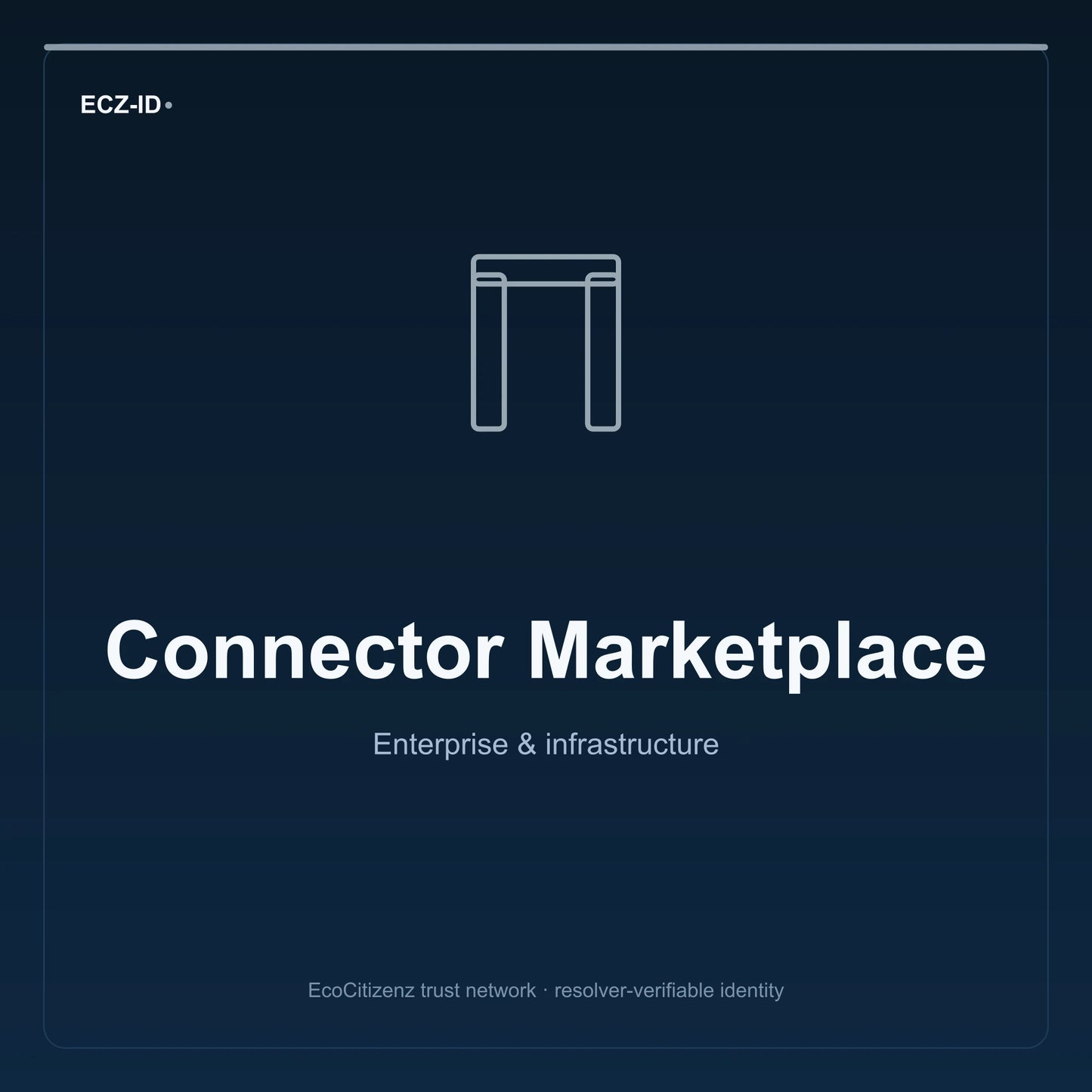 ECZ-ID product image for “Connector Marketplace” (SKU ECZ-OFFSSOT-CONNECTORS). Enterprise & infrastructure. Shows the ECZ-ID wordmark and an abstract enterprise corridor family symbol on a dark EcoCitizenz background.
