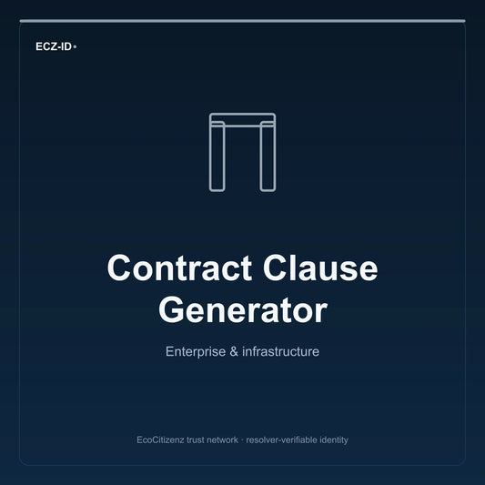 ECZ-ID product image for “Contract Clause Generator” (SKU ECZ-OFFSSOT-CONTRACT-CLAUSE). Enterprise & infrastructure. Shows the ECZ-ID wordmark and an abstract enterprise corridor family symbol on a dark EcoCitizenz background.