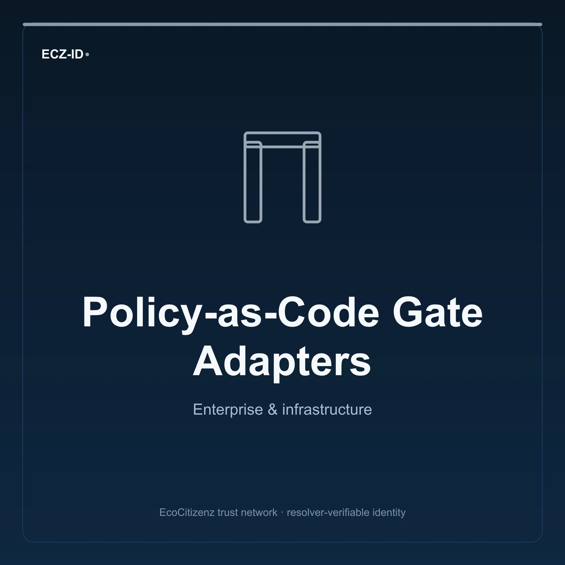 ECZ-ID product image for “Policy-as-Code Gate Adapters” (SKU ECZ-OFFSSOT-POLICY-CODE). Enterprise & infrastructure. Shows the ECZ-ID wordmark and an abstract enterprise corridor family symbol on a dark EcoCitizenz background.