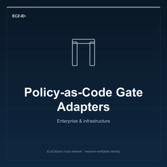 ECZ-ID product image for “Policy-as-Code Gate Adapters” (SKU ECZ-OFFSSOT-POLICY-CODE). Enterprise & infrastructure. Shows the ECZ-ID wordmark and an abstract enterprise corridor family symbol on a dark EcoCitizenz background.
