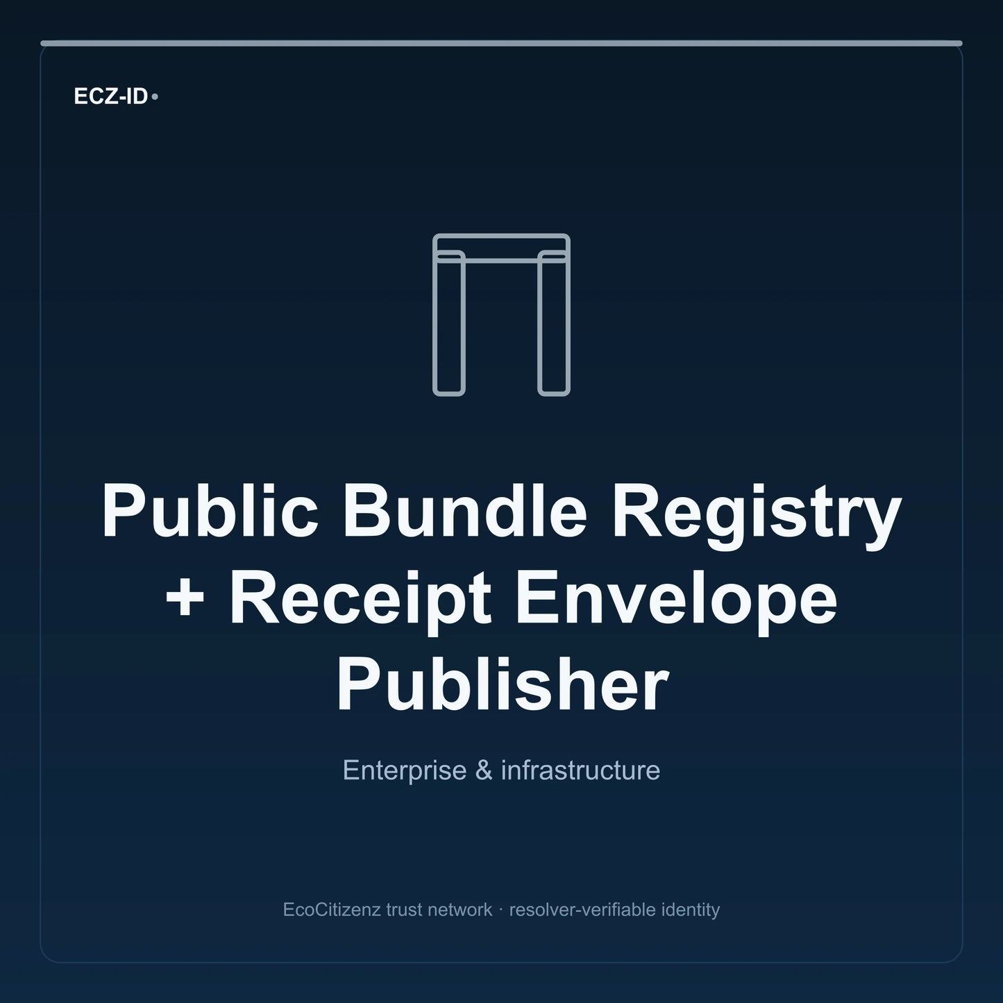 ECZ-ID product image for “Public Bundle Registry + Receipt Envelope Publisher” (SKU ECZ-OFFSSOT-PUBLIC-REGISTRY). Enterprise & infrastructure. Shows the ECZ-ID wordmark and an abstract enterprise corridor family symbol on a dark EcoCitizenz background.