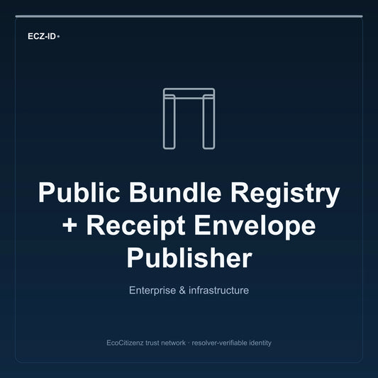 ECZ-ID product image for “Public Bundle Registry + Receipt Envelope Publisher” (SKU ECZ-OFFSSOT-PUBLIC-REGISTRY). Enterprise & infrastructure. Shows the ECZ-ID wordmark and an abstract enterprise corridor family symbol on a dark EcoCitizenz background.