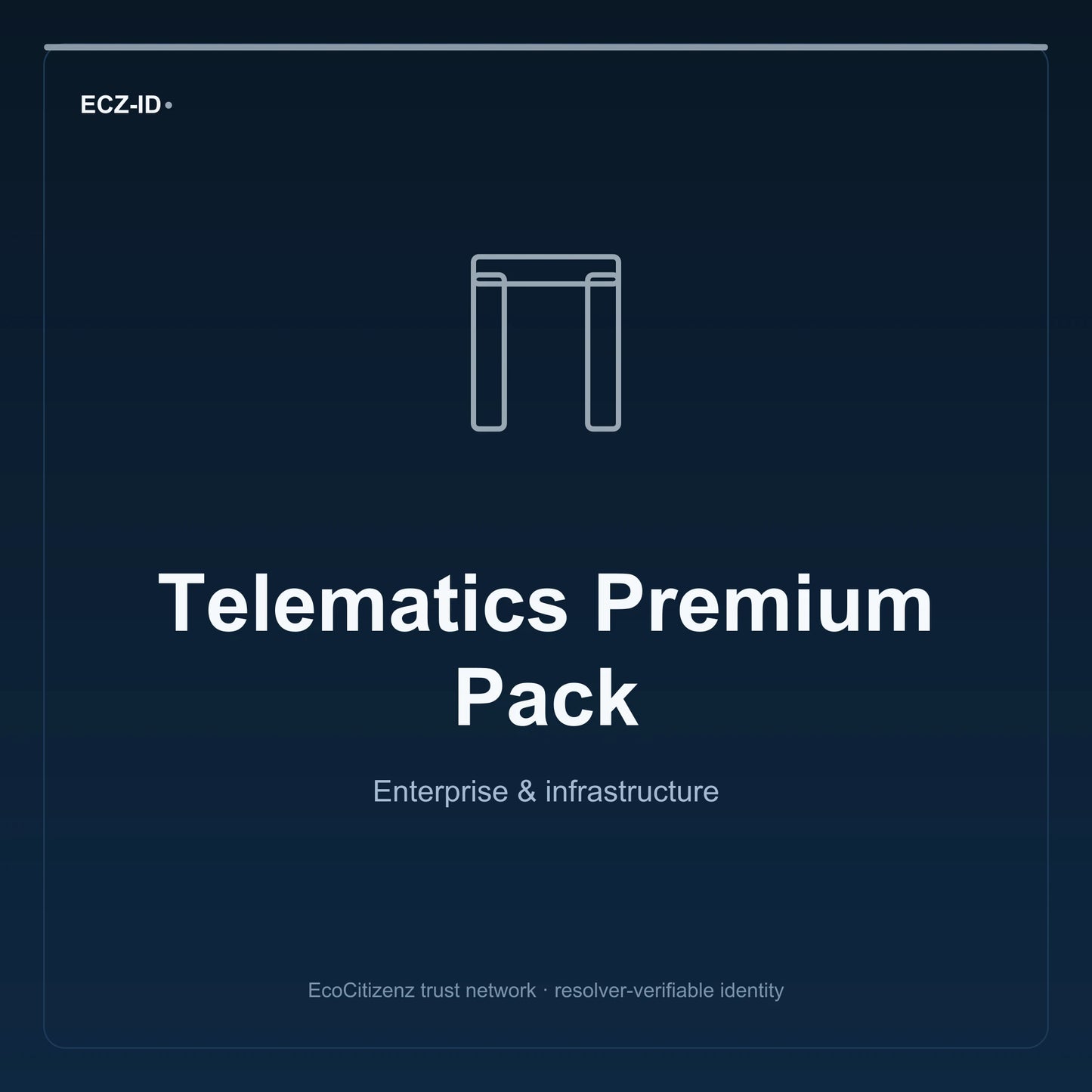 ECZ-ID product image for “Telematics Premium Pack” (SKU ECZ-OFFSSOT-TELEMATICS). Enterprise & infrastructure. Shows the ECZ-ID wordmark and an abstract enterprise corridor family symbol on a dark EcoCitizenz background.