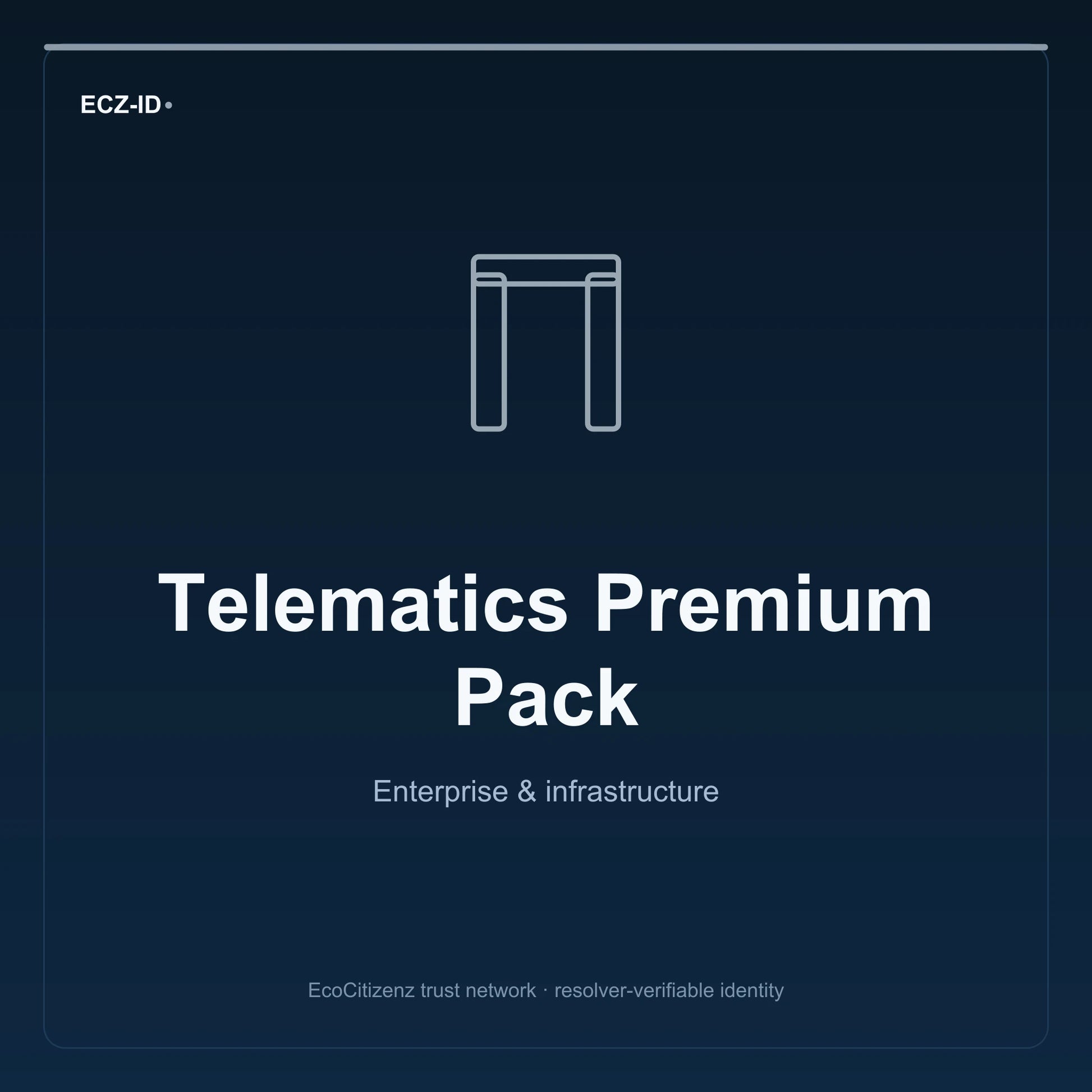 ECZ-ID product image for “Telematics Premium Pack” (SKU ECZ-OFFSSOT-TELEMATICS). Enterprise & infrastructure. Shows the ECZ-ID wordmark and an abstract enterprise corridor family symbol on a dark EcoCitizenz background.