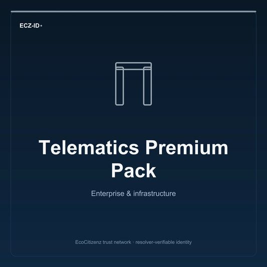 ECZ-ID product image for “Telematics Premium Pack” (SKU ECZ-OFFSSOT-TELEMATICS). Enterprise & infrastructure. Shows the ECZ-ID wordmark and an abstract enterprise corridor family symbol on a dark EcoCitizenz background.