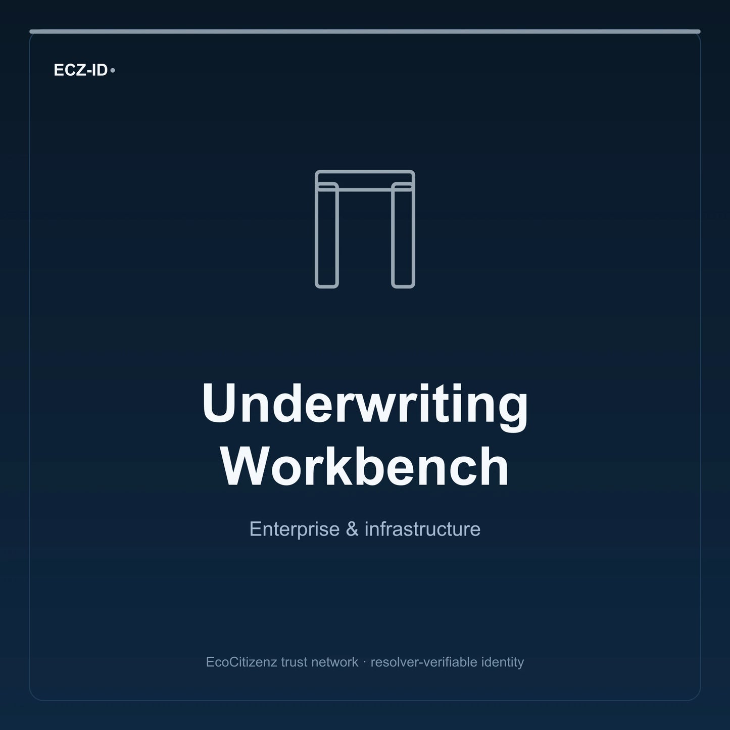 ECZ-ID product image for “Underwriting Workbench” (SKU ECZ-OFFSSOT-UNDERWRITING). Enterprise & infrastructure. Shows the ECZ-ID wordmark and an abstract enterprise corridor family symbol on a dark EcoCitizenz background.