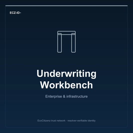 ECZ-ID product image for “Underwriting Workbench” (SKU ECZ-OFFSSOT-UNDERWRITING). Enterprise & infrastructure. Shows the ECZ-ID wordmark and an abstract enterprise corridor family symbol on a dark EcoCitizenz background.