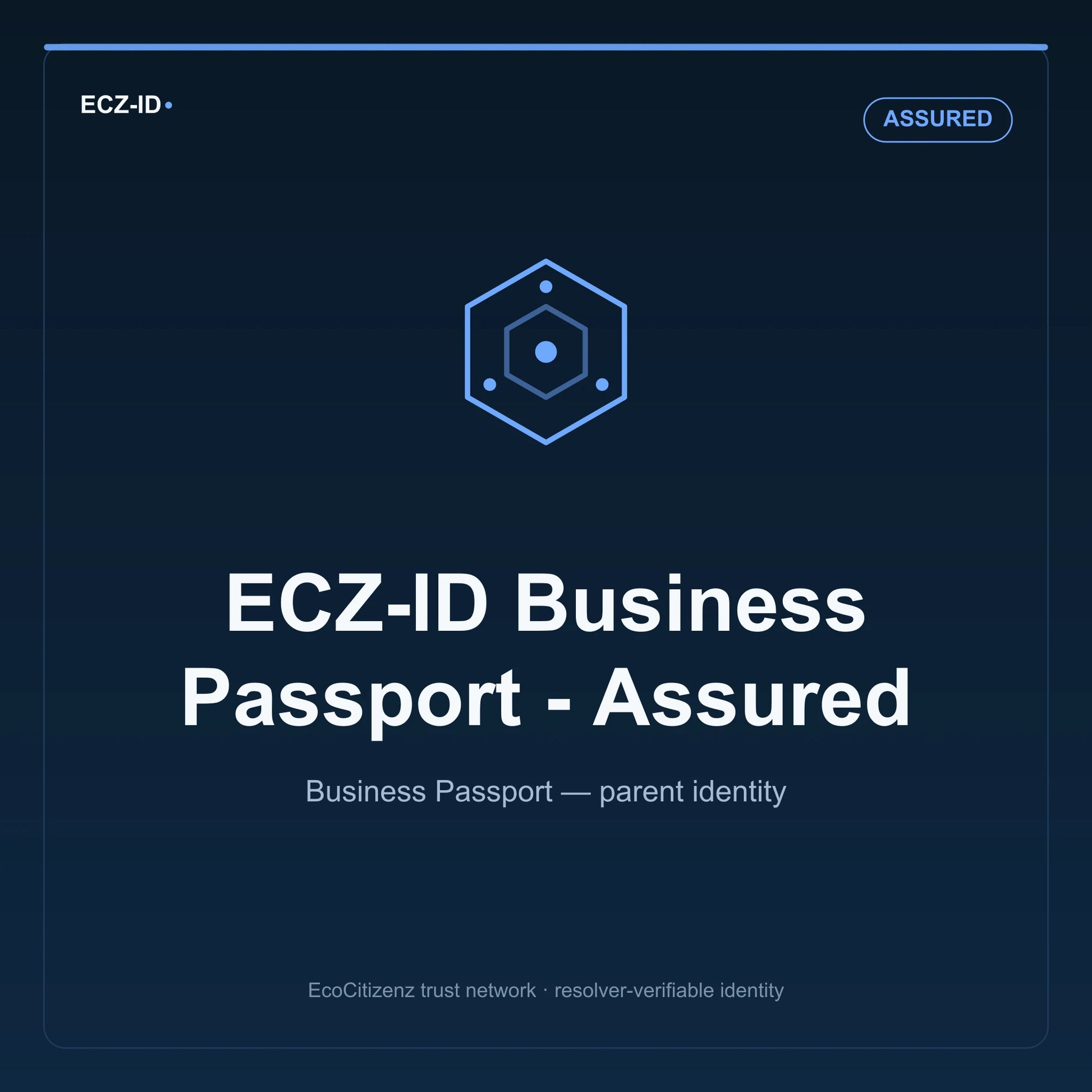 ECZ-ID product image for “ECZ-ID Business Passport - Assured” (SKU ECZ-PARENT-ASSURED), Assured tier. Business Passport — parent identity. Shows the ECZ-ID wordmark and an abstract parent business family symbol on a dark EcoCitizenz background.