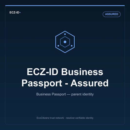 ECZ-ID product image for “ECZ-ID Business Passport - Assured” (SKU ECZ-PARENT-ASSURED), Assured tier. Business Passport — parent identity. Shows the ECZ-ID wordmark and an abstract parent business family symbol on a dark EcoCitizenz background.