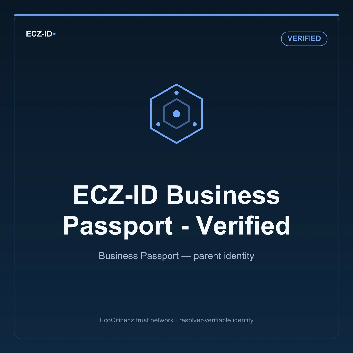 ECZ-ID product image for “ECZ-ID Business Passport - Verified” (SKU ECZ-PARENT-VERIFIED), Verified tier. Business Passport — parent identity. Shows the ECZ-ID wordmark and an abstract parent business family symbol on a dark EcoCitizenz background.