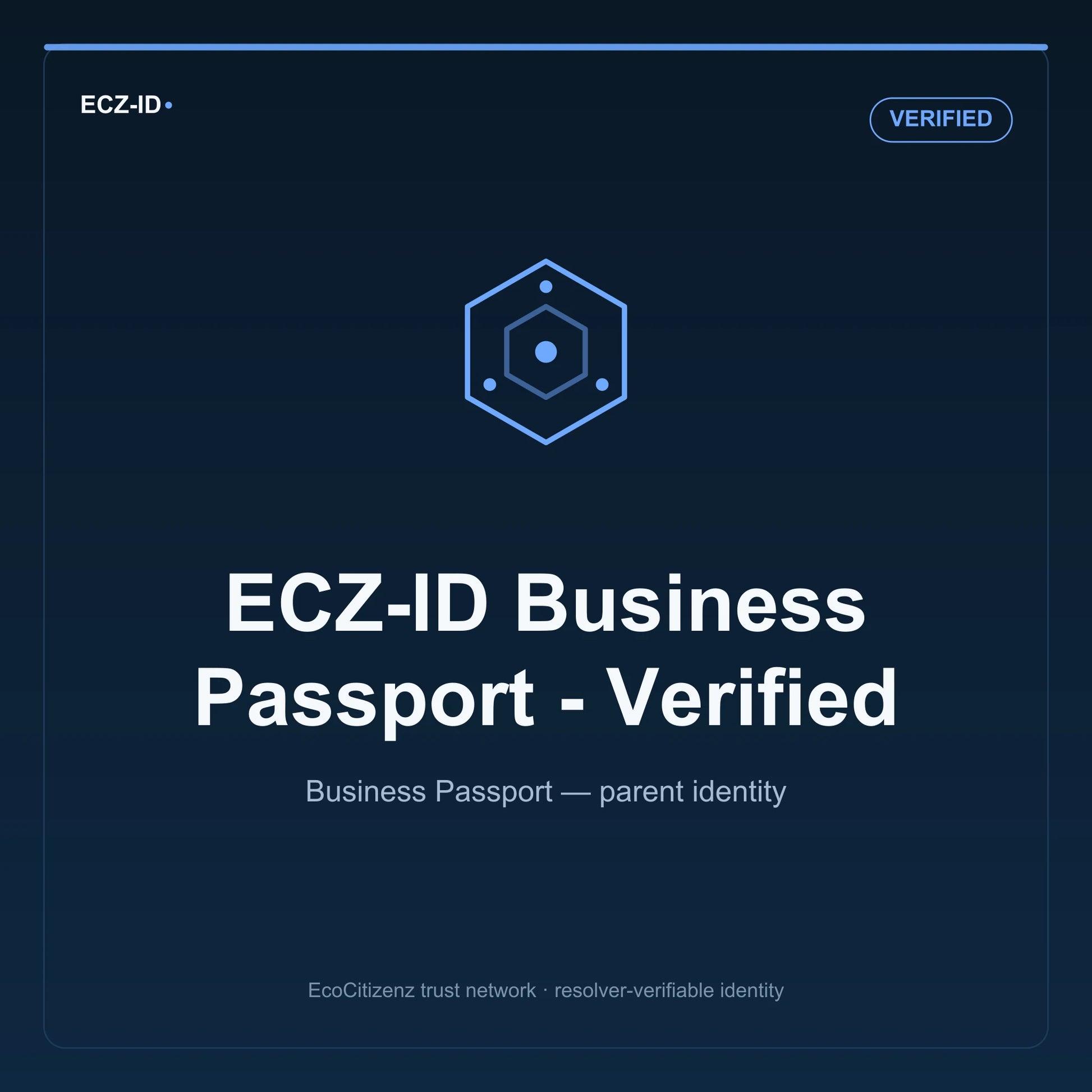ECZ-ID product image for “ECZ-ID Business Passport - Verified” (SKU ECZ-PARENT-VERIFIED), Verified tier. Business Passport — parent identity. Shows the ECZ-ID wordmark and an abstract parent business family symbol on a dark EcoCitizenz background.