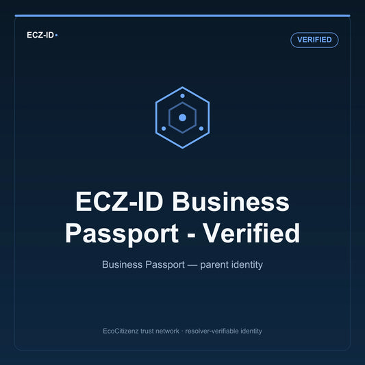ECZ-ID product image for “ECZ-ID Business Passport - Verified” (SKU ECZ-PARENT-VERIFIED), Verified tier. Business Passport — parent identity. Shows the ECZ-ID wordmark and an abstract parent business family symbol on a dark EcoCitizenz background.