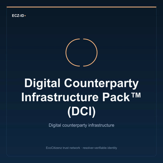 ECZ-ID product image for “Digital Counterparty Infrastructure Pack™ (DCI)” (SKU ECZ-PKG-DCI-PACK). Digital counterparty infrastructure. Shows the ECZ-ID wordmark and an abstract counterparty dci family symbol on a dark EcoCitizenz background.