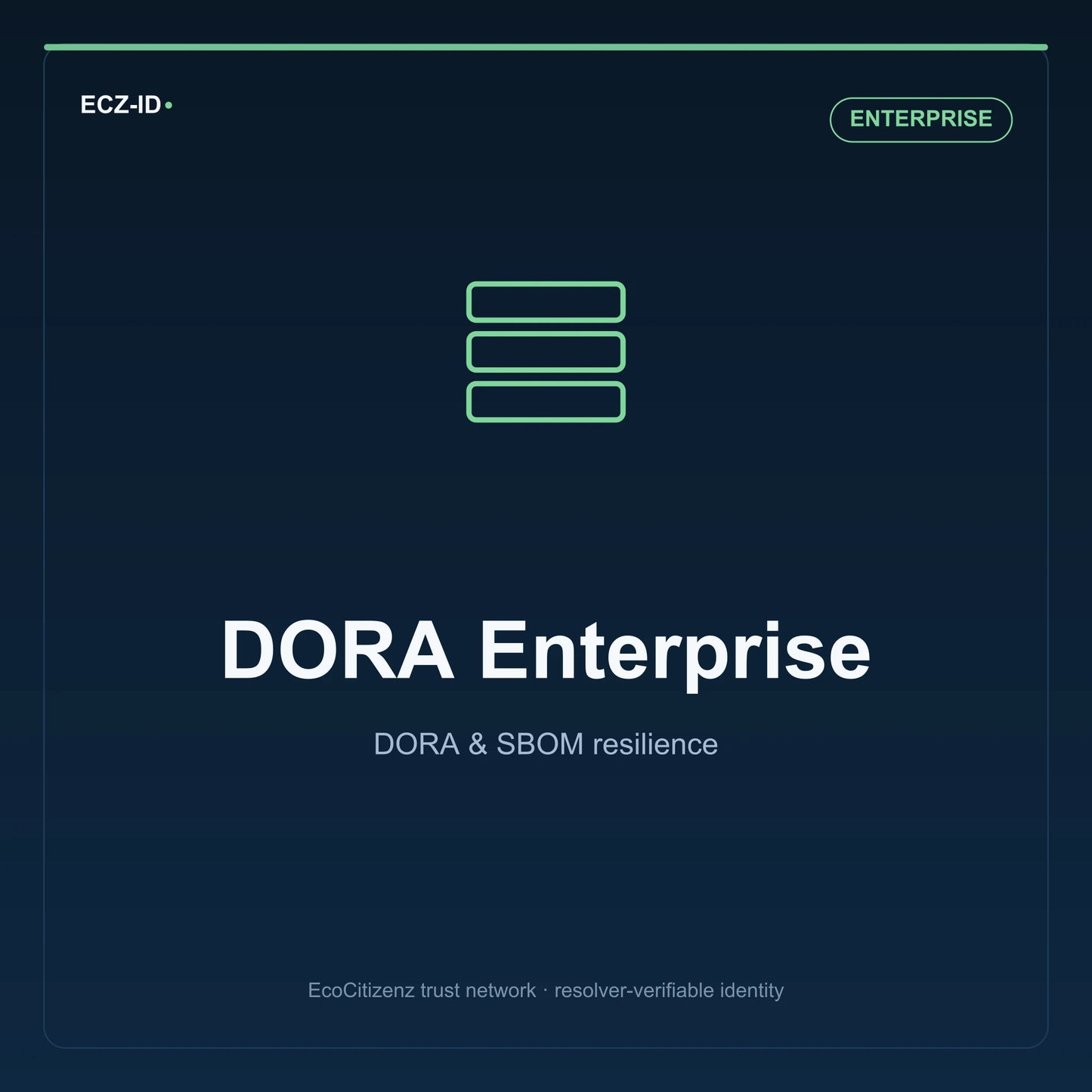 ECZ-ID product image for “DORA Enterprise” (SKU ECZ-PKG-DORA-ENTERPRISE), Enterprise tier. DORA & SBOM resilience. Shows the ECZ-ID wordmark and an abstract dora sbom family symbol on a dark EcoCitizenz background.