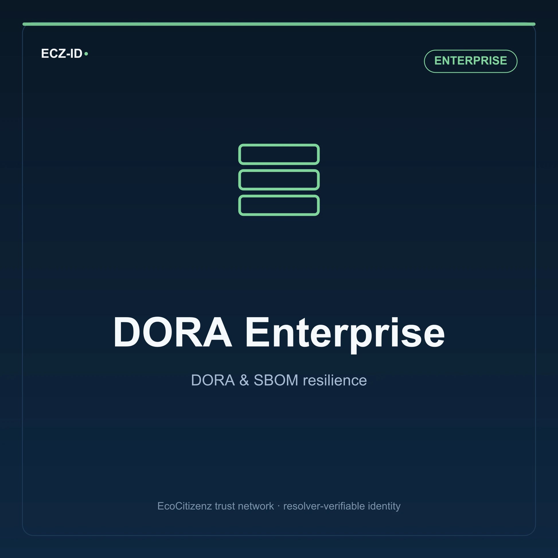 ECZ-ID product image for “DORA Enterprise” (SKU ECZ-PKG-DORA-ENTERPRISE), Enterprise tier. DORA & SBOM resilience. Shows the ECZ-ID wordmark and an abstract dora sbom family symbol on a dark EcoCitizenz background.