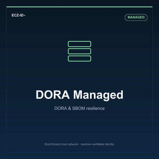 ECZ-ID product image for “DORA Managed” (SKU ECZ-PKG-DORA-MANAGED), Managed tier. DORA & SBOM resilience. Shows the ECZ-ID wordmark and an abstract dora sbom family symbol on a dark EcoCitizenz background.