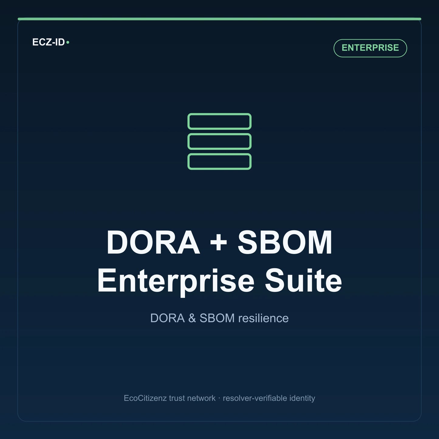 ECZ-ID product image for “DORA + SBOM Enterprise Suite” (SKU ECZ-PKG-DORA-SBOM-SUITE), Enterprise tier. DORA & SBOM resilience. Shows the ECZ-ID wordmark and an abstract dora sbom family symbol on a dark EcoCitizenz background.