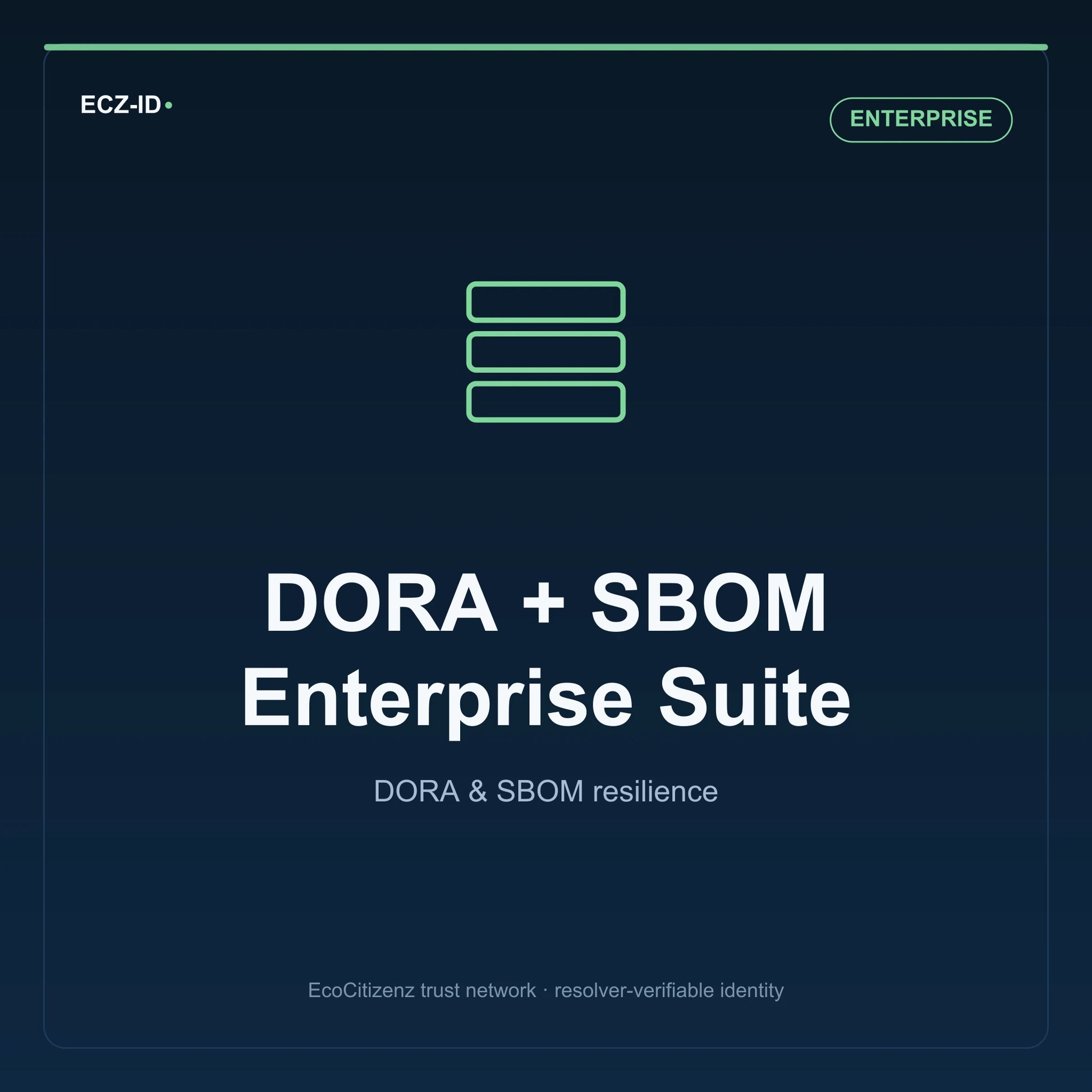 ECZ-ID product image for “DORA + SBOM Enterprise Suite” (SKU ECZ-PKG-DORA-SBOM-SUITE), Enterprise tier. DORA & SBOM resilience. Shows the ECZ-ID wordmark and an abstract dora sbom family symbol on a dark EcoCitizenz background.
