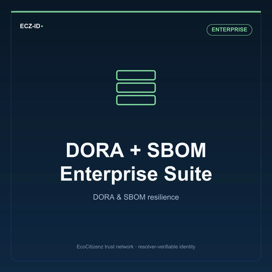 ECZ-ID product image for “DORA + SBOM Enterprise Suite” (SKU ECZ-PKG-DORA-SBOM-SUITE), Enterprise tier. DORA & SBOM resilience. Shows the ECZ-ID wordmark and an abstract dora sbom family symbol on a dark EcoCitizenz background.