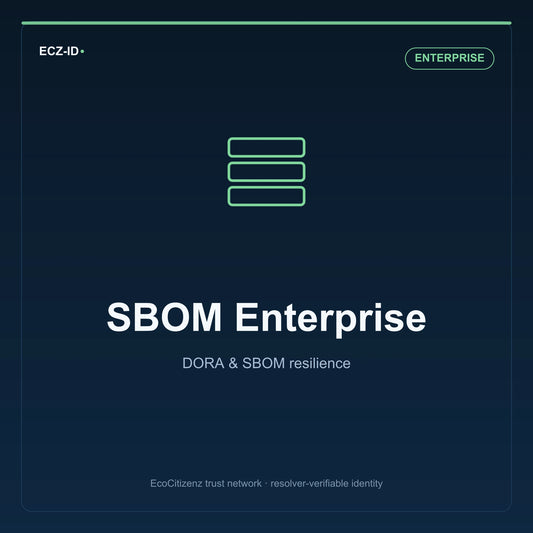 ECZ-ID product image for “SBOM Enterprise” (SKU ECZ-PKG-SBOM-ENTERPRISE), Enterprise tier. DORA & SBOM resilience. Shows the ECZ-ID wordmark and an abstract dora sbom family symbol on a dark EcoCitizenz background.
