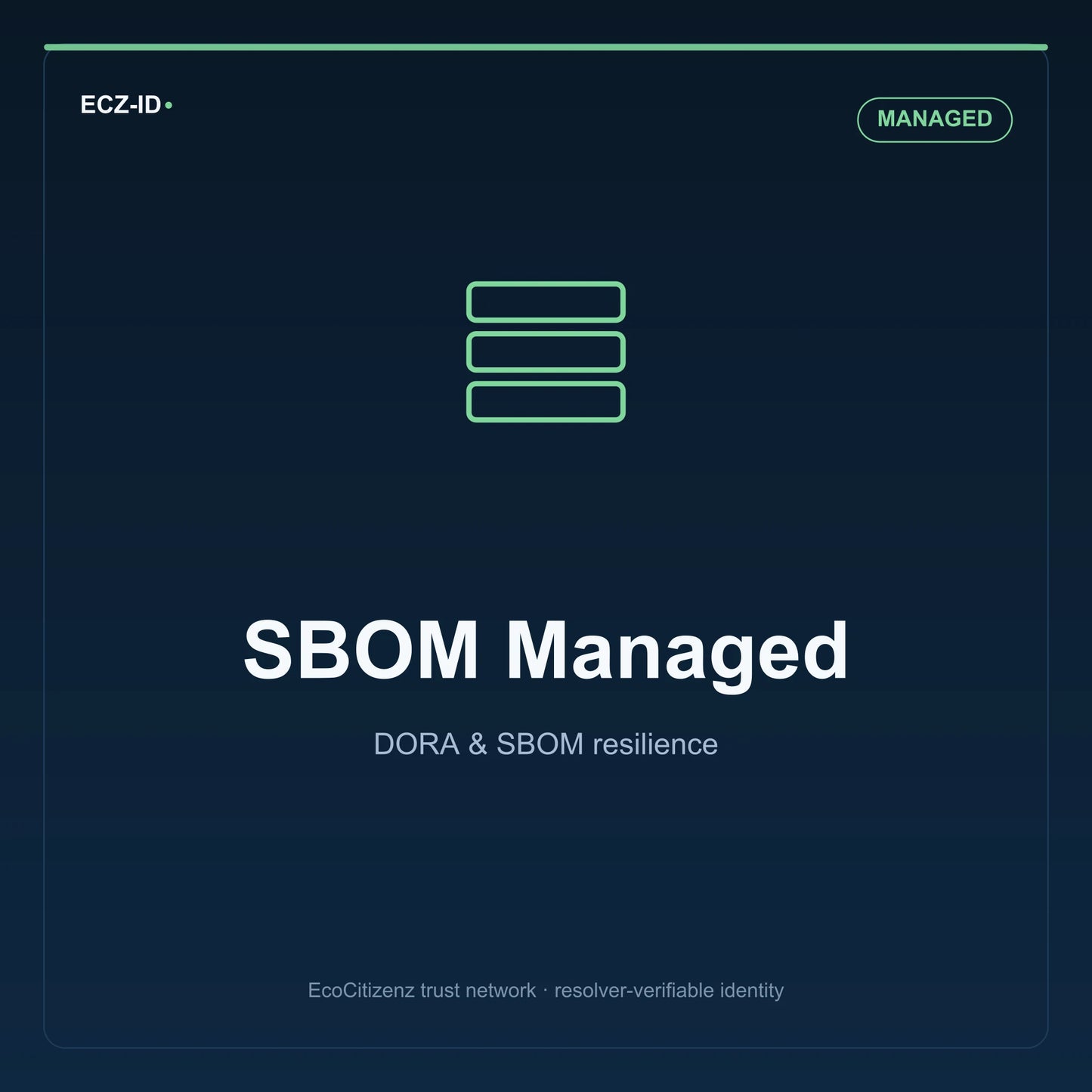 ECZ-ID product image for “SBOM Managed” (SKU ECZ-PKG-SBOM-MANAGED), Managed tier. DORA & SBOM resilience. Shows the ECZ-ID wordmark and an abstract dora sbom family symbol on a dark EcoCitizenz background.