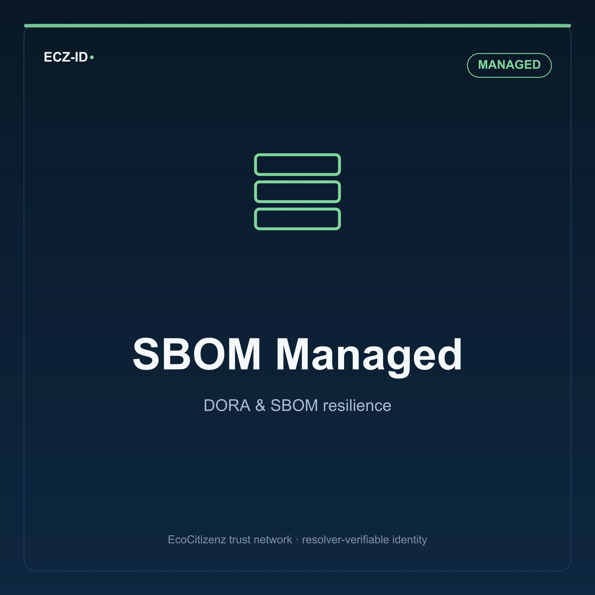 ECZ-ID product image for “SBOM Managed” (SKU ECZ-PKG-SBOM-MANAGED), Managed tier. DORA & SBOM resilience. Shows the ECZ-ID wordmark and an abstract dora sbom family symbol on a dark EcoCitizenz background.
